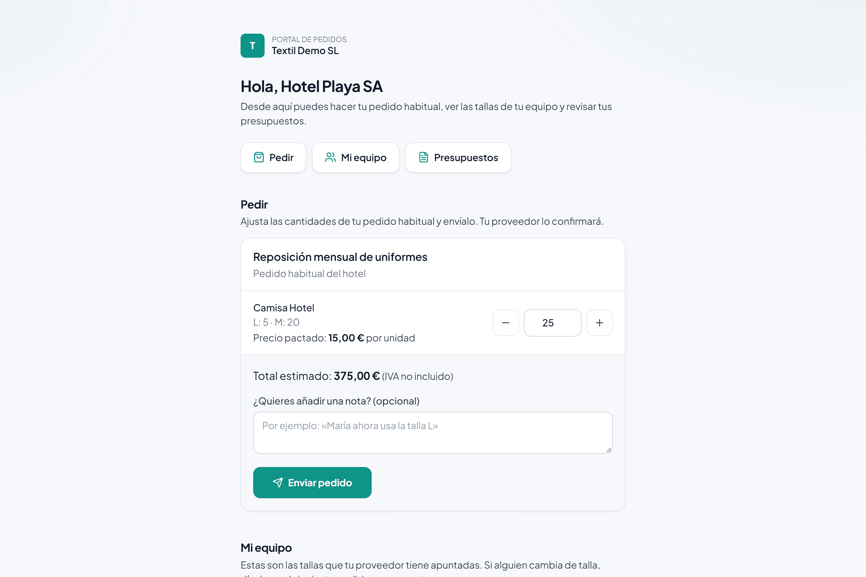 Captura real del portal de pedidos del cliente, con datos de demostración